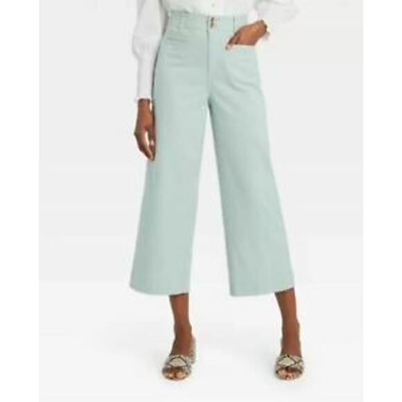 A New Day Cropped Wide Leg Pants 6 Mint Blue Green Flat Front High Rise Capri - Picture 2 of 9